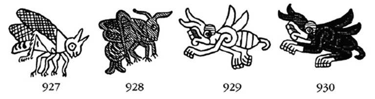 Dibujos 927, 928 del jeroglífico de Chapultepec, Códice Boturini 9, Códice Mendoza 34, 3. Figuras 929 y 930, Códice Fejérváry-Mayer 5 (Tomado de Seler, 2004:319).