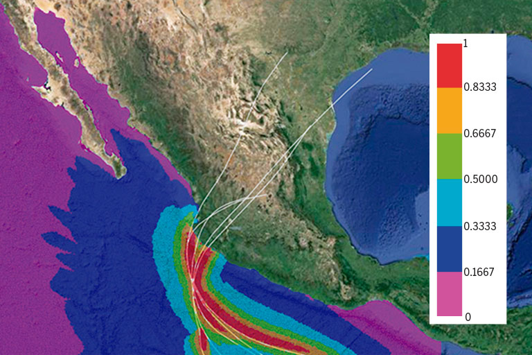 Pronóstico del peligro de oleaje para el huracán Patricia con base en fenómenos sintéticos. Imagen: cortesía de Christian Mario Appendini