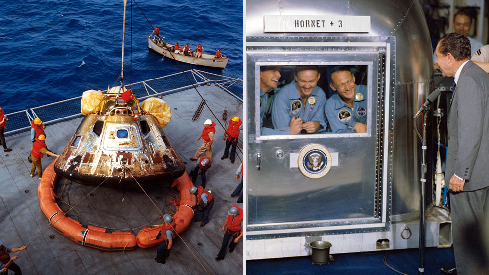 El módulo de mando del Apolo 11 es bajado a la cubierta del USS Hornet (izquierda). El presidente Richard Nixon da la bienvenida a los astronautas ya confinados en una instalación de cuarentena móvil a bordo de ese portaaviones (derecha). Foto: NASA.