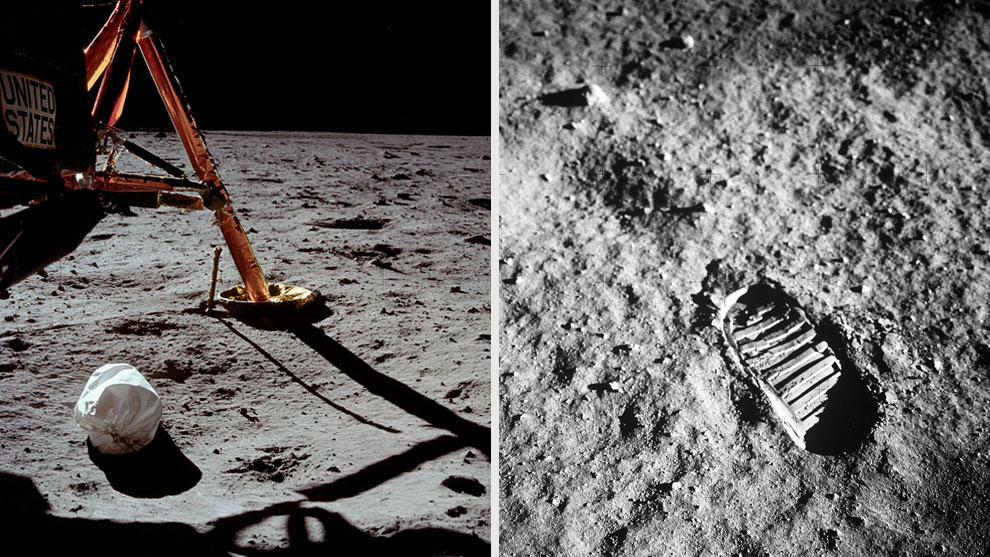 Primera foto tomada por Armstrong después de pisar la Luna (izquierda) y huella de la bota de Aldrin en el suelo lunar (derecha). Fotos: NASA.